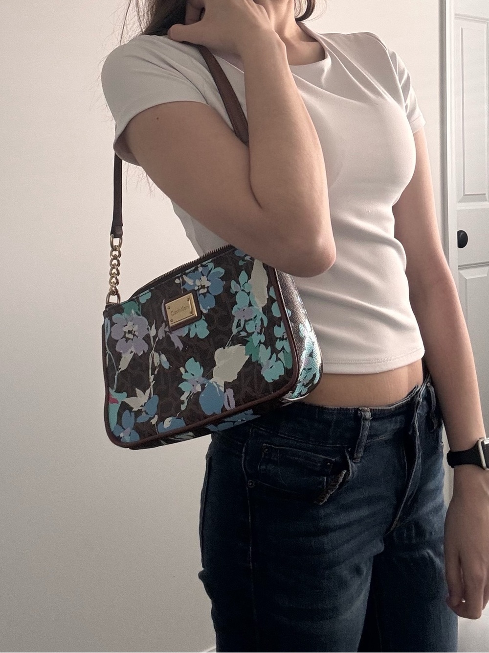 Floral Shoulder Bag Colorful Brown Calvin Klein Gold Hardware Purse - Picture 3 of 10